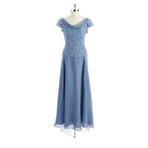 J KARA Formal Gown Size 14 Blue Chiffon Beaded Cowl Popover Flutter Sleeve $239